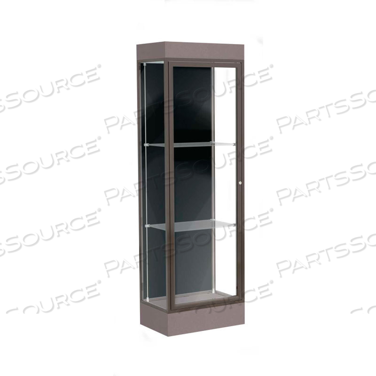 EDGE LIGHTED FLOOR CASE, BLACK BACK, DARK BRONZE FRAME, 6" MORRO ZEPHYR BASE, 24"W X 76"H X 20"D 