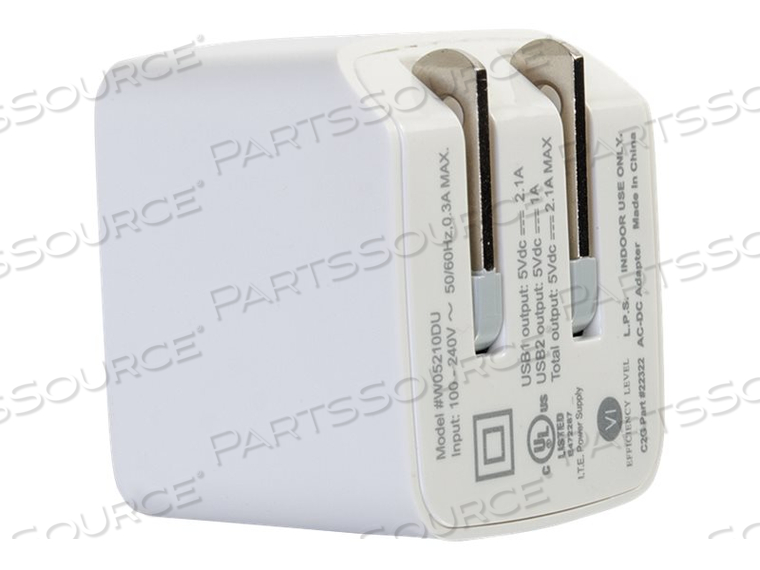 ADAPTER, (1) NEMA 1-15 MALE X (2) USB-A FEMALE, WHITE, 100 TO 240 VAC, 0.3 A MAX, 5 VDC, 2.1 A OUTPUT USB 1, 5 VDC, 1 A OUTPUT USB 2, 50 TO by Legrand AV (C2G) ADAPTER, (1) NEMA 1-15 MALE X (2) USB-A FEMALE, WHITE, 100 TO 240 VAC, 0.3 A MAX, 5 VDC, 2.1 A OUTPUT USB 1, 5 VDC, 1 A OUTPUT USB 2, 50 TO by Legrand AV (C2G)
