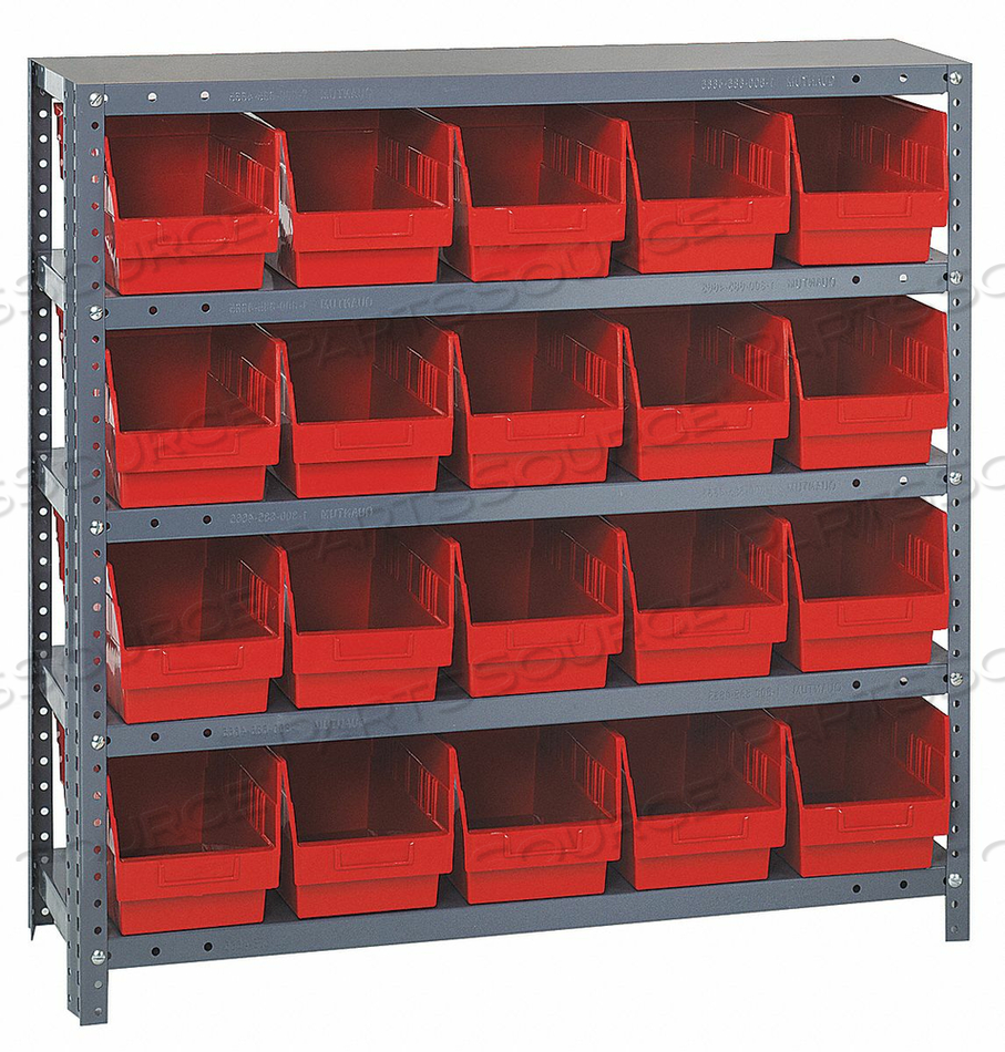 1839-204 STEEL SHELVING WITH 20 6"H SHELF BINS RED, 36X18X39-5 SHELVES by Quantum Storage Systems 1839-204 STEEL SHELVING WITH 20 6"H SHELF BINS RED, 36X18X39-5 SHELVES by Quantum Storage Systems