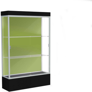 EDGE LIGHTED FLOOR CASE, PALE GREEN BACK, SATIN FRAME, 12" BLACK BASE, 48"W X 76"H X 20"D by Waddell Display