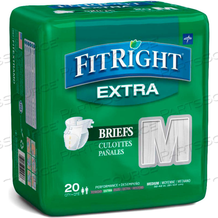FITRIGHT EXTRA ADULT DISPOSABLE BRIEFS, SIZE M, WAIST SIZE 32"-42", 20/BAG by Medline Industries, Inc.