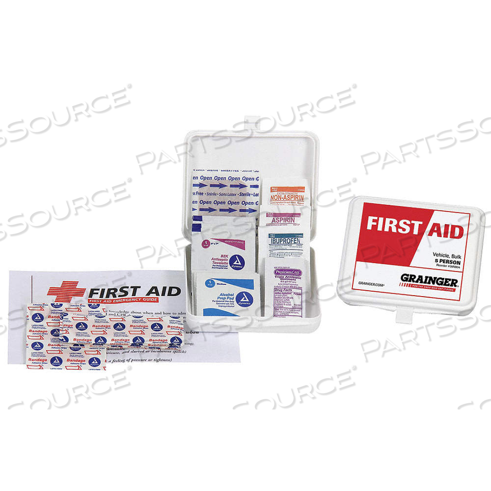 FIRST AID KIT AND HOUSING, VEHICLE, 5 PEOPLE SERVED, 21 COMPONENTS, PLASTIC by Approved Vendor