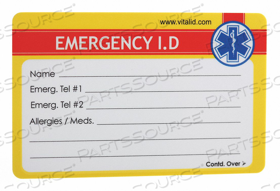 EMERGENCY WALLET I.D. CARD PLASTIC PK200 by Vital ID