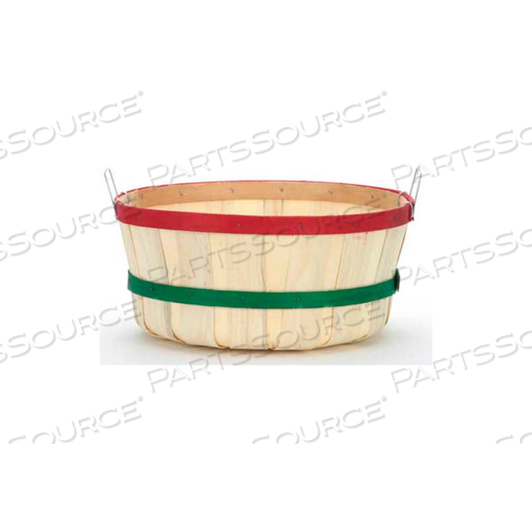 1 BUSHEL SHALLOW WOOD BASKET WITH TWO METAL HANDLES, RED/GREEN BANDS 12 PC - NATURAL 