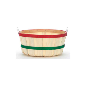 1 BUSHEL SHALLOW WOOD BASKET WITH TWO METAL HANDLES, RED/GREEN BANDS 12 PC - NATURAL by Texas Basket Co.