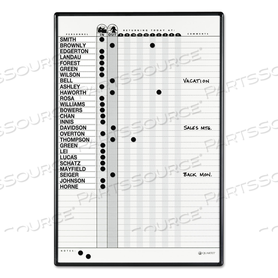 MAGNETIC EMPLOYEE IN/OUT BOARD, PORCELAIN, 24 X 36, GRAY/BLACK ALUMINUM FRAME by Quartet