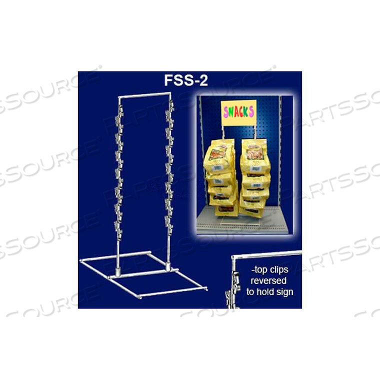 FREE STANDING SNACK RACK, 2 WANDS, 28 HOOKS, 24-1/2"H X 8-1/4"W, 10" X 9" BASE by Clip Strip Corp.