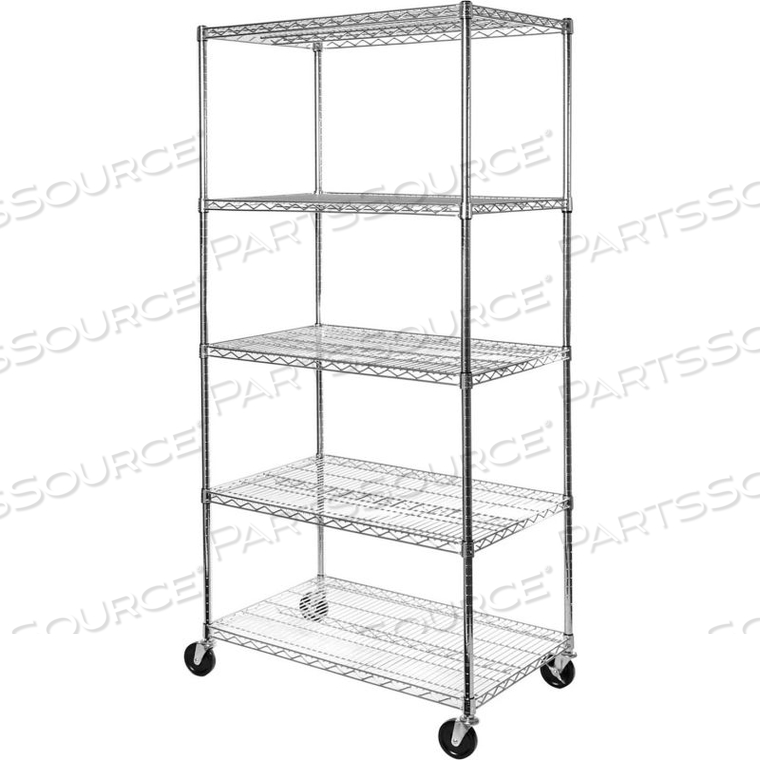 5-TIER ULTRAZINC MOBILE WIRE SHELVING - NSF STEEL - 36"L X 24"W X 76"H - CHROME 