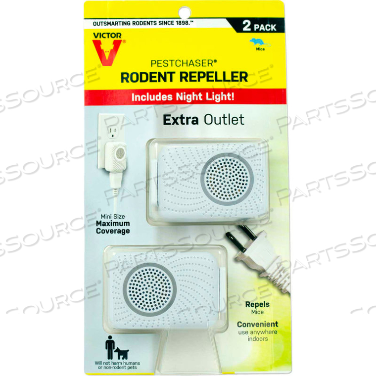 VICTOR PESTCHASER RODENT REPELLENT WITH NIGHTLIGHT & EXTRA OUTLET, SONIC REPELLENT - 2/PACK 