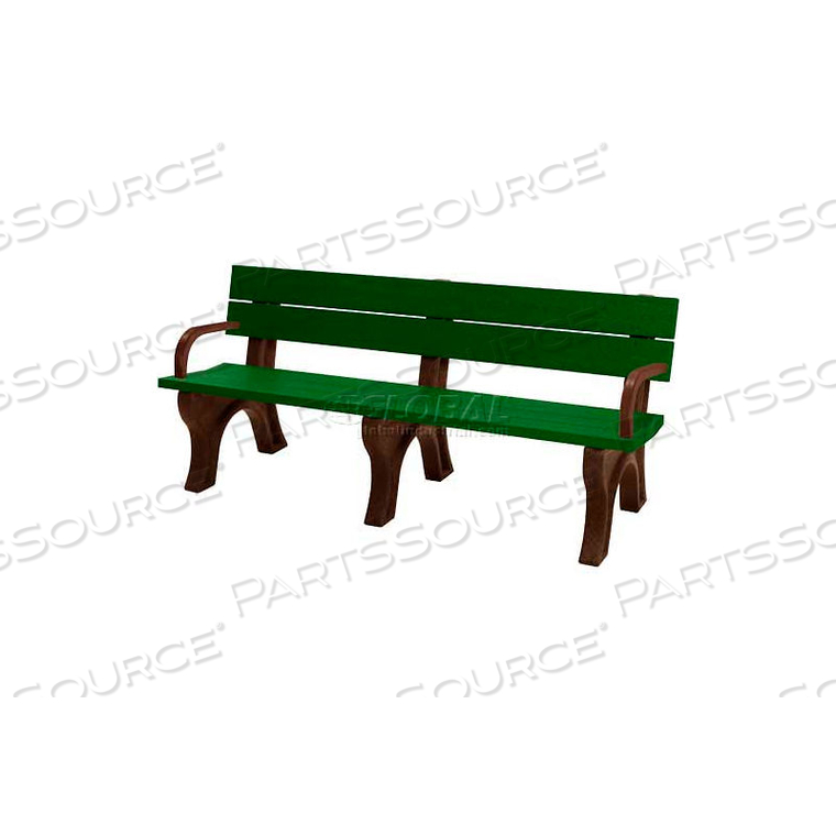 TRADITIONAL 6 FT. BACKED BENCH WITH ARMS, GREEN BENCH/BROWN FRAME 