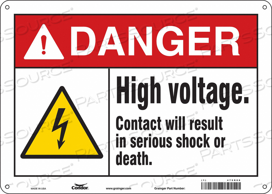 SAFETY SIGN, HORIZONTAL RECTANGLE, NUMBER OF PRINTED SIDES 1, ENGLISH, SIGN FORMAT ANSI/OSHA FORMAT, SIGN LEGEND HIGH VOLTAGE. CONTACT WILL  by Condor