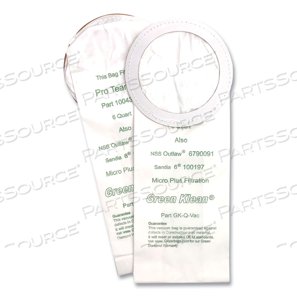REPLACEMENT VACUUM BAGS, FITS NSS OUTLAW/PROTEAM QUARTERVAC/SANDIA/SANITAIRE by Green Klean