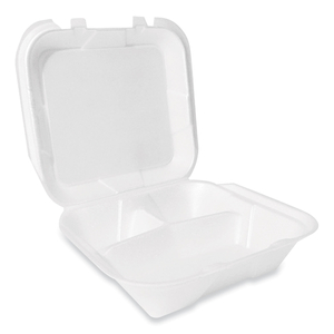 FOAM HINGED LID CONTAINER, SECURE TWO TAB LATCH, POLY BAG, 3-COMPARTMENT, 9 X 9 X 3, WHITE, 100/BAG, 2 BAGS/CARTON by Plastifar