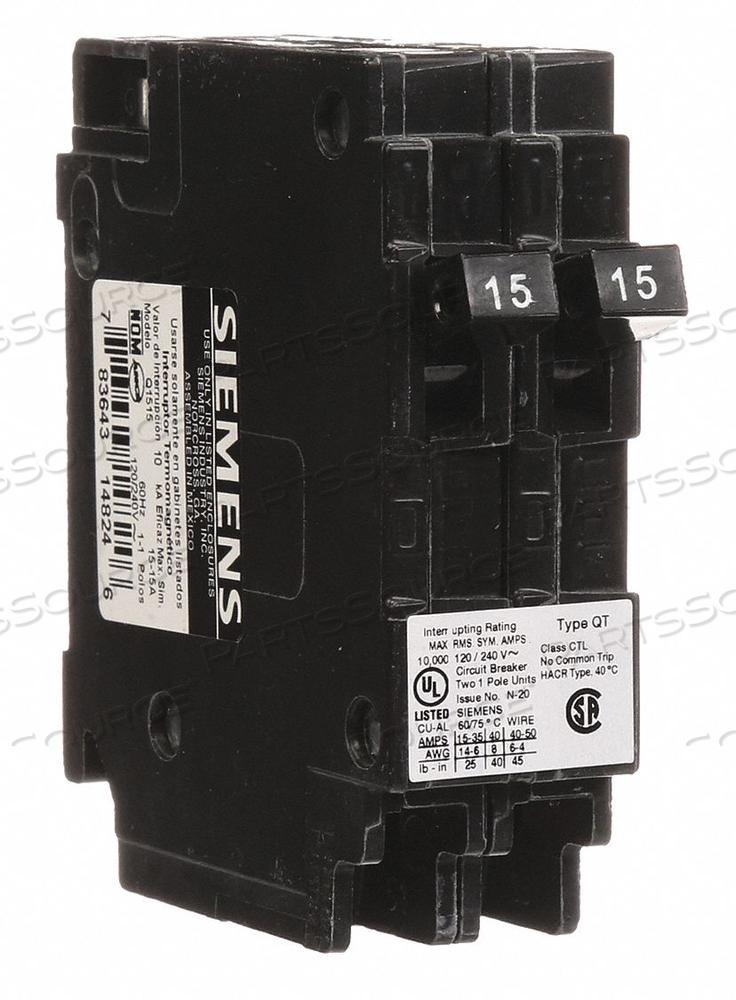 CIRCUIT BREAKER 15/15A PLUG IN 120V 1P by Siemens CIRCUIT BREAKER 15/15A PLUG IN 120V 1P by Siemens