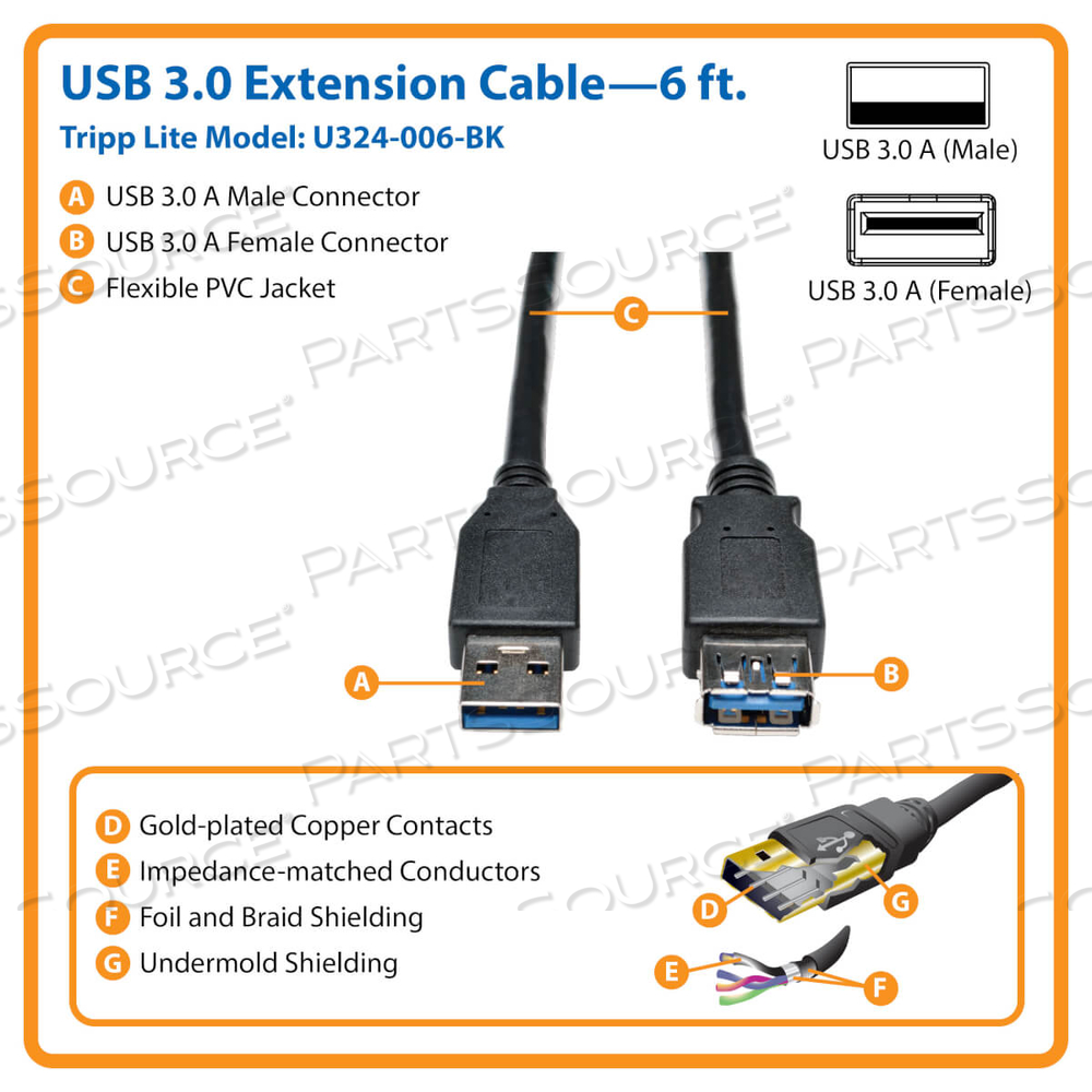 6FT USB 3.0 SUPERSPEED EXTENSION CABLE AA M/F BLACK 6' by Tripp Lite