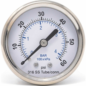 2.5" ALL SS PRESSURE GAUGE, 1/4" NPT,0/60 PSI, DRY FILLABLE, CTR BACK MOUNT by PIC Gauges