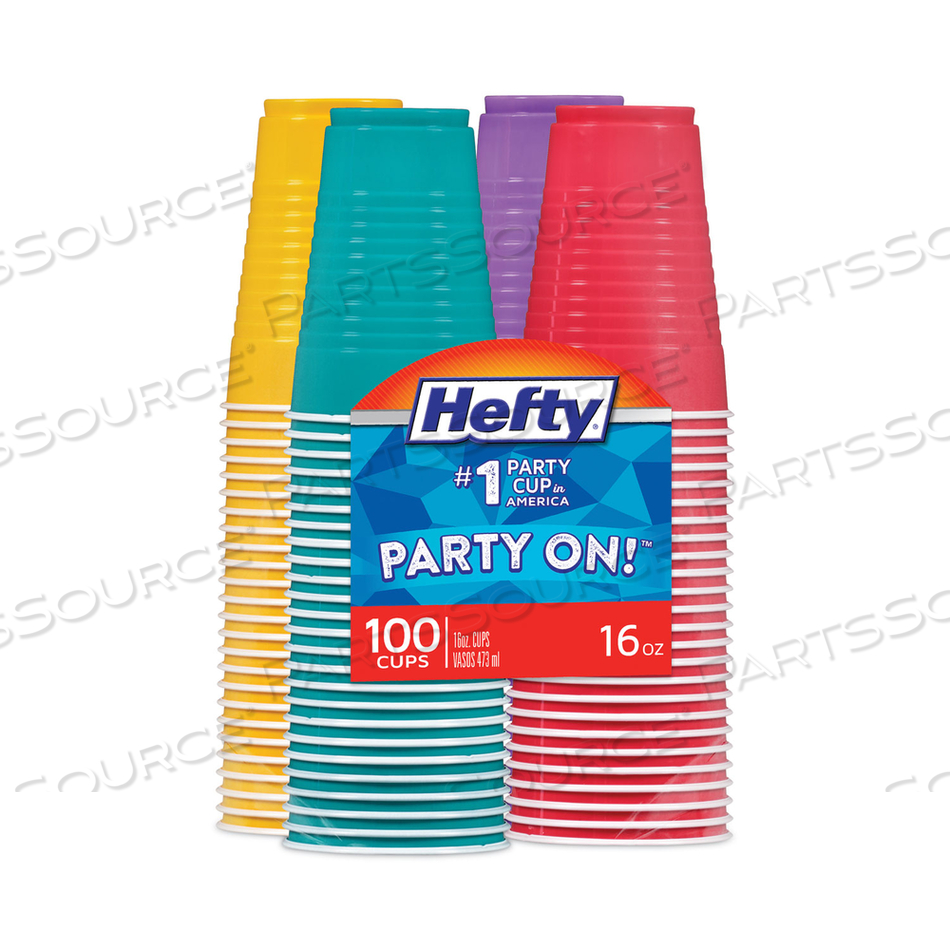 EASY GRIP DISPOSABLE PLASTIC PARTY CUPS, 16 OZ, ASSORTED COLORS by Hefty