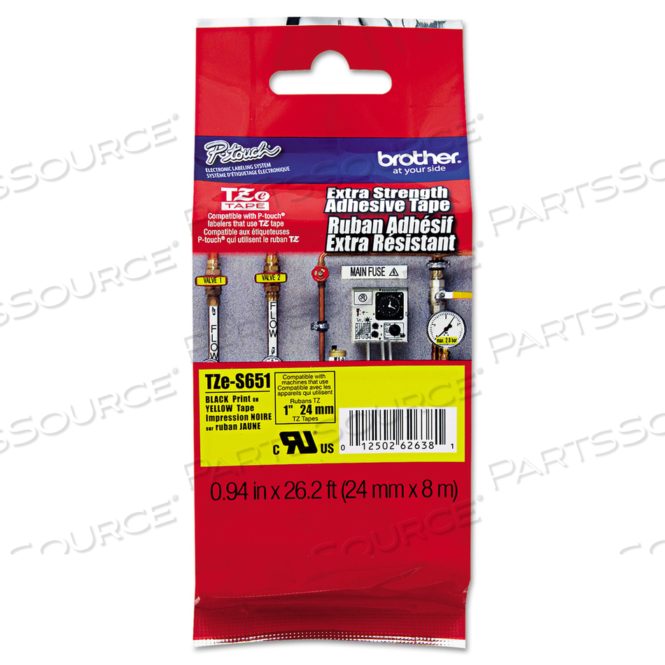 TZE EXTRA-STRENGTH ADHESIVE LAMINATED LABELING TAPE, 0.94" X 26.2 FT, BLACK ON YELLOW by Brother