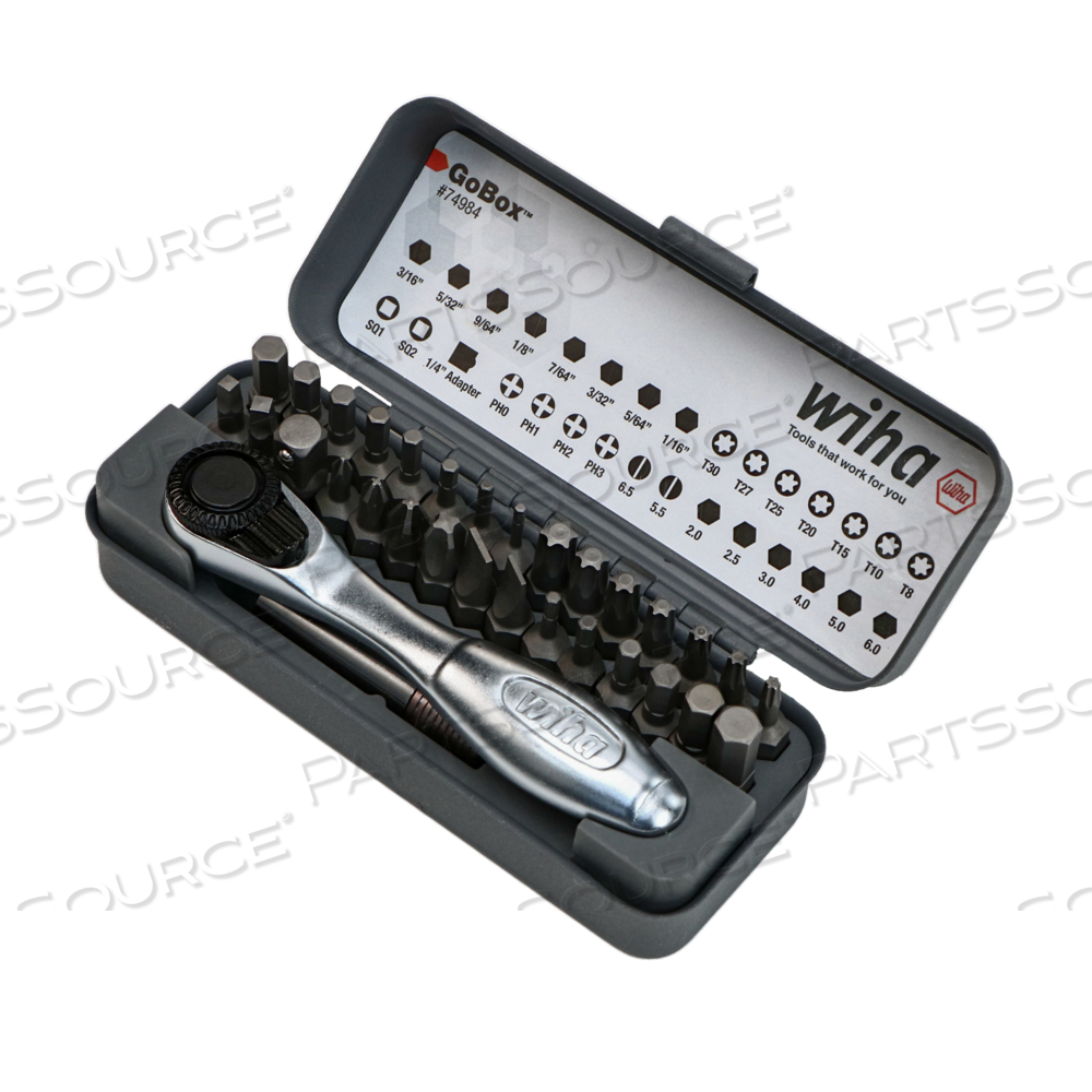 32 PIECE GOBOX™ STANDARD BIT SET WITH MINI RATCHET by Wiha Tools 32 PIECE GOBOX™ STANDARD BIT SET WITH MINI RATCHET by Wiha Tools