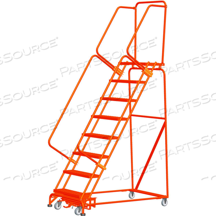 7 STEP STEEL SAFETY ROLLING LADDER W/ WEIGHT ACTUATED LOCK 24"W SERRATED STEP ORANGE by Ballymore 7 STEP STEEL SAFETY ROLLING LADDER W/ WEIGHT ACTUATED LOCK 24"W SERRATED STEP ORANGE by Ballymore