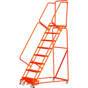 7 STEP STEEL SAFETY ROLLING LADDER W/ WEIGHT ACTUATED LOCK 24"W SERRATED STEP ORANGE by Ballymore