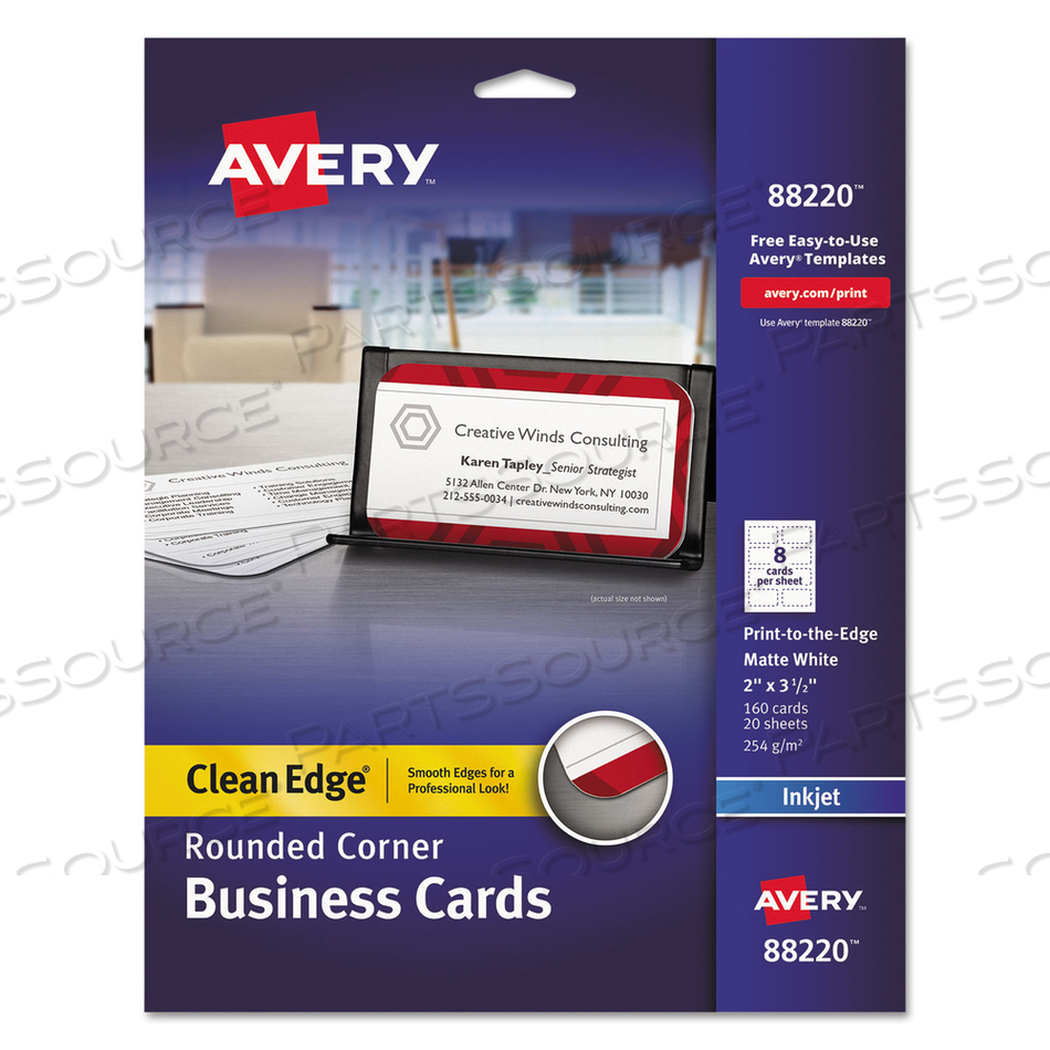 ROUND CORNER PRINT-TO-THE-EDGE BUSINESS CARDS, INKJET, 2 X 3.5, WHITE, 160 CARDS, 8 CARDS/SHEET/PACK by Avery ROUND CORNER PRINT-TO-THE-EDGE BUSINESS CARDS, INKJET, 2 X 3.5, WHITE, 160 CARDS, 8 CARDS/SHEET/PACK by Avery