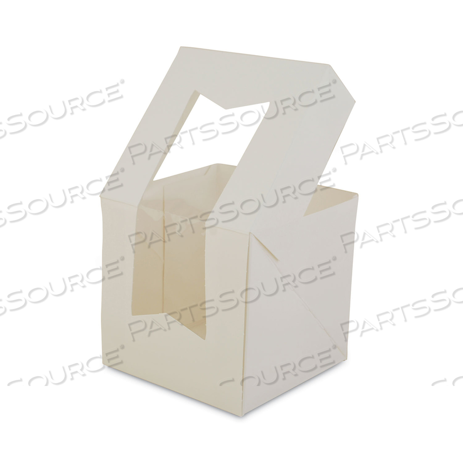 WHITE WINDOW BAKERY BOXES WITH ATTACHED FLIP TOP, 4-CORNER BEERS DESIGN, 4.5 X 4.5 X 4.5, WHITE, PAPER, 200/CARTON 