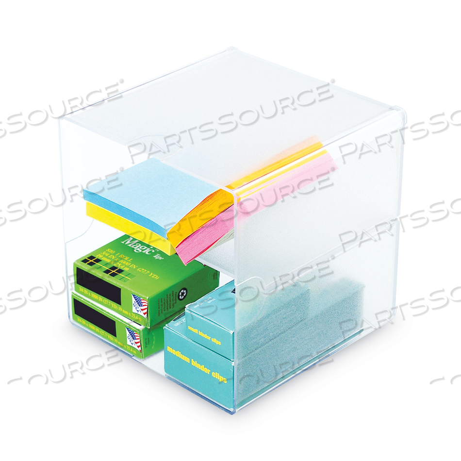 STACKABLE CUBE ORGANIZER, DIVIDED, 2 COMPARTMENTS, PLASTIC, 6 X 6 X 6, CLEAR by Deflecto
