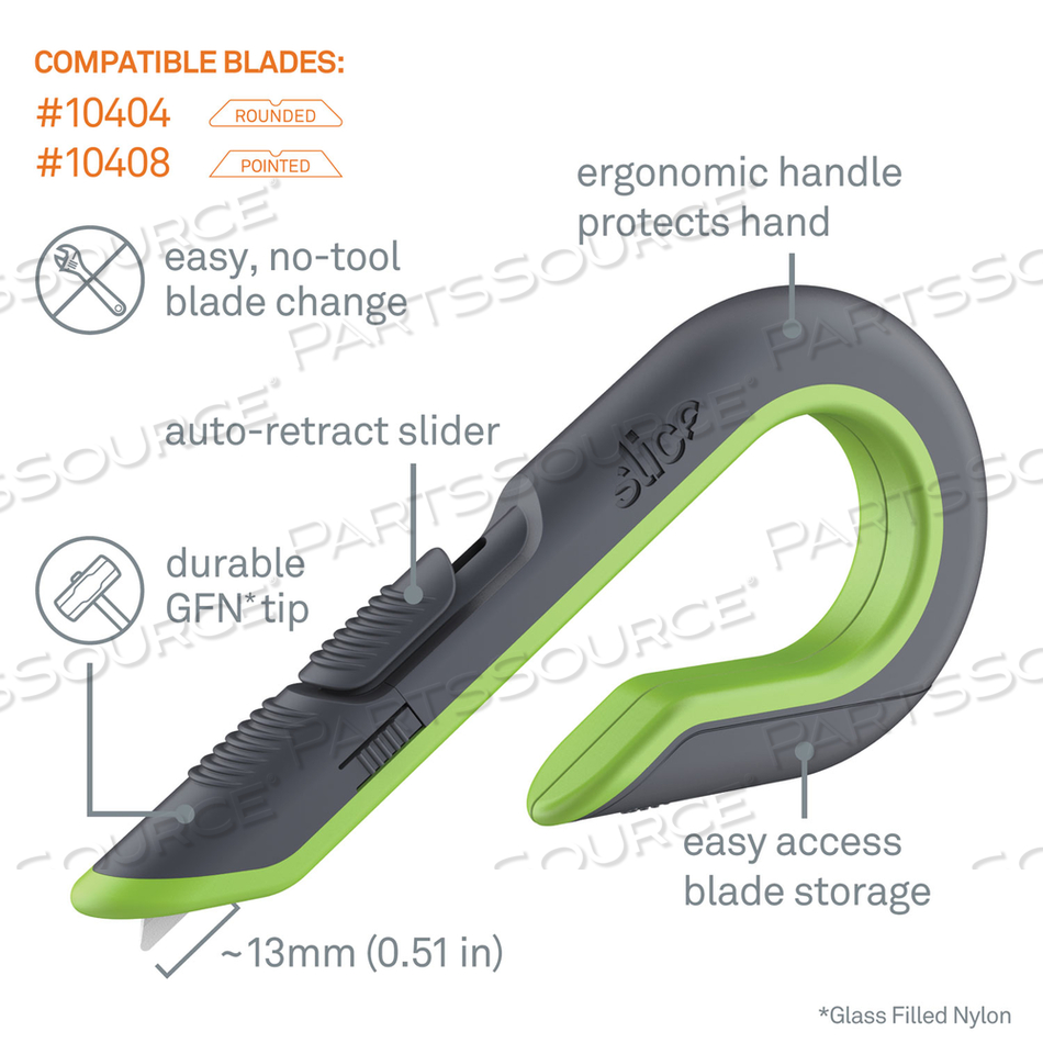 BOX CUTTERS, DOUBLE SIDED, REPLACEABLE, 1.29" STAINLESS STEEL BLADE, 7" NYLON HANDLE, GRAY/GREEN by Slice BOX CUTTERS, DOUBLE SIDED, REPLACEABLE, 1.29" STAINLESS STEEL BLADE, 7" NYLON HANDLE, GRAY/GREEN by Slice