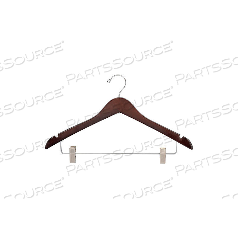 17" WOOD HANGER FOR LADIES' SUIT/SKIRT, STANDARD HOOK, WALNUT W/ CHROME HARDWARE, 100/CASE by Beverly Coat Hangers Co Inc 17" WOOD HANGER FOR LADIES' SUIT/SKIRT, STANDARD HOOK, WALNUT W/ CHROME HARDWARE, 100/CASE by Beverly Coat Hangers Co Inc