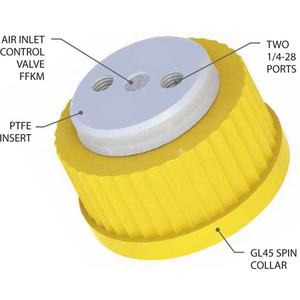 2-PORT CAP WITH AIR INLET VALVE AND PLUGS, FOR GLASS BOTTLES WITH GL45 CLOSURE, YELLOW by CP Lab Safety