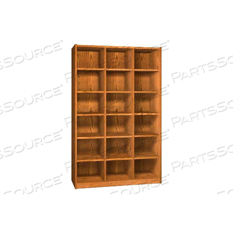 WOOD CUBICLE CABINET, 18 OPENINGS, OPEN FRONT, 52 X 17-5/8 X 81-1/2, DIXIE OAK 