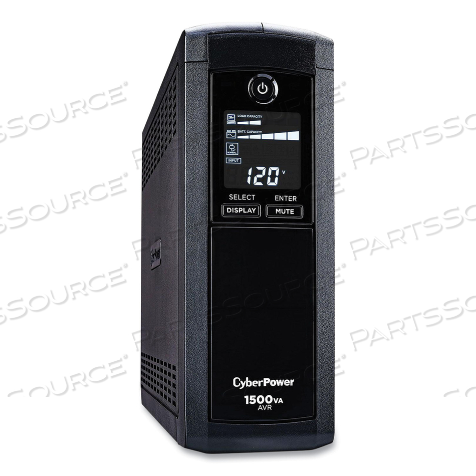 PFC SINEWAVE SERIES CP1500PFCLCD, UPS, AC 120 V, 1000 WATT, 1500 VA, 9 AH, RS-232, USB, OUTPUT CONNECTORS: 12, BLACK by CyberPower PFC SINEWAVE SERIES CP1500PFCLCD, UPS, AC 120 V, 1000 WATT, 1500 VA, 9 AH, RS-232, USB, OUTPUT CONNECTORS: 12, BLACK by CyberPower