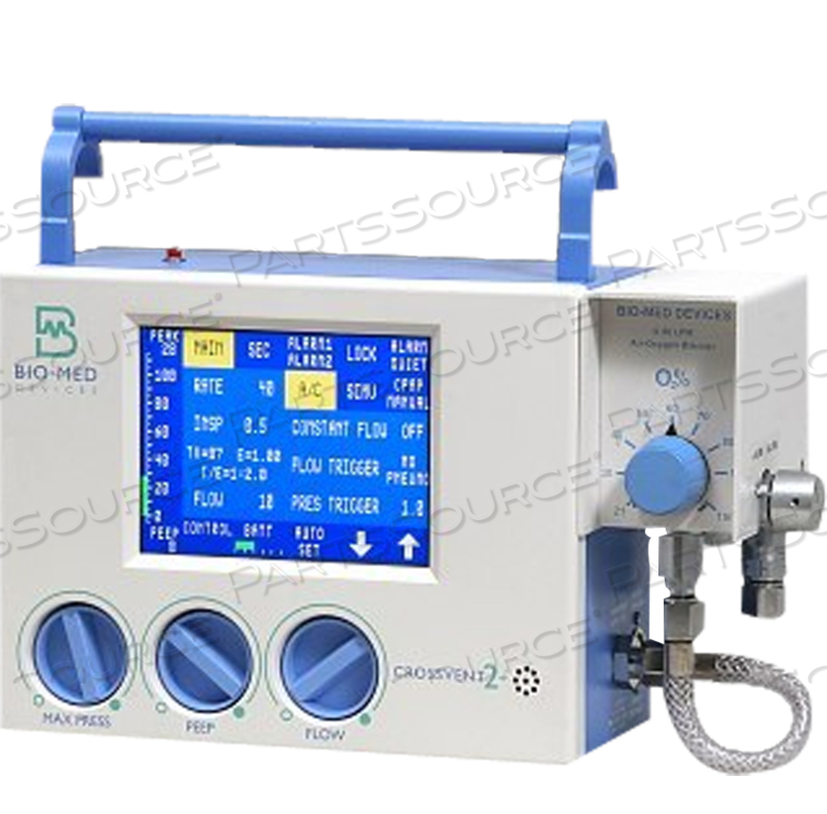 CROSSVENT 4+ VENTILATOR WITH EXHALED TIDAL VOLUME MONITORING AND ATTACHED AIR/OXYGEN BLENDER 