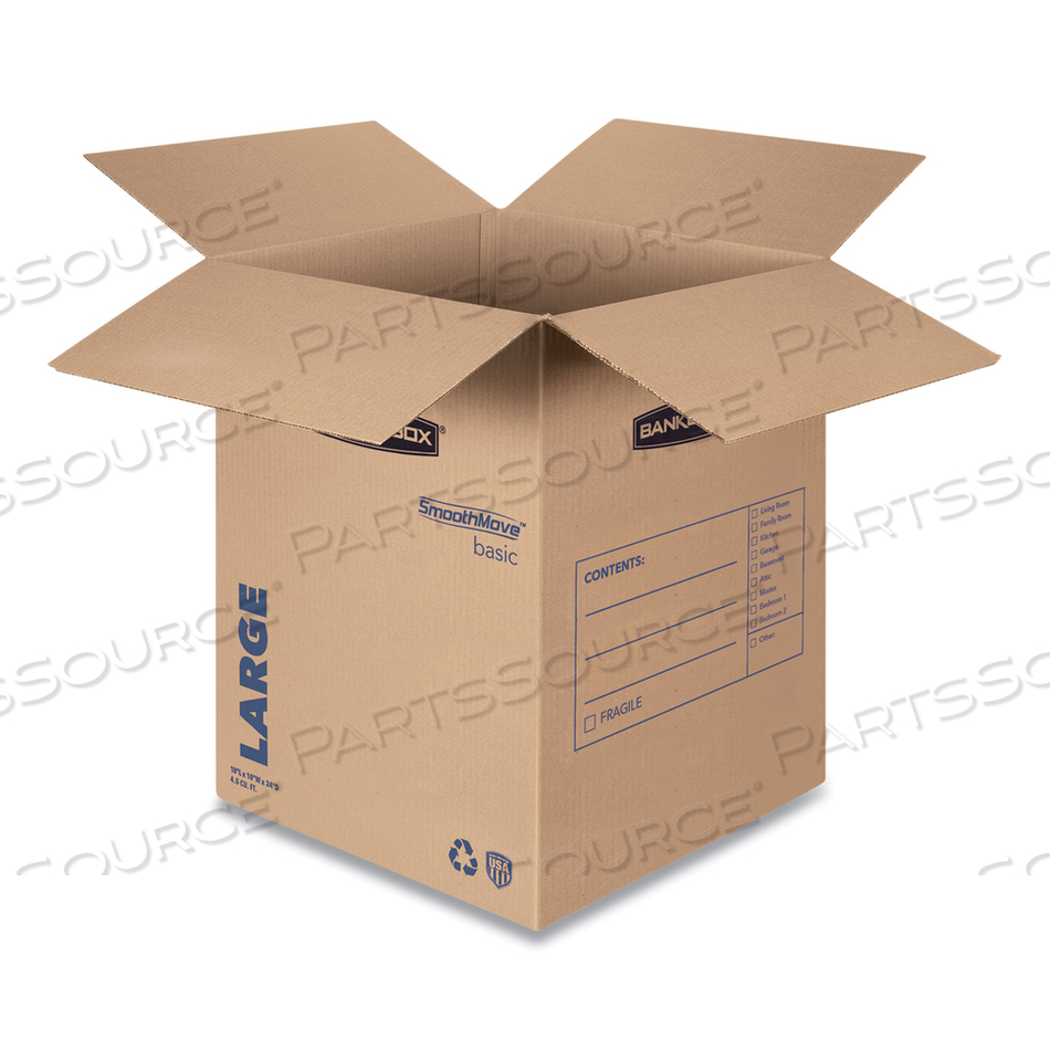 SMOOTHMOVE BASIC MOVING BOXES, REGULAR SLOTTED CONTAINER (RSC), LARGE, 18" X 18" X 24", BROWN/BLUE, 15/CARTON SMOOTHMOVE BASIC MOVING BOXES, REGULAR SLOTTED CONTAINER (RSC), LARGE, 18" X 18" X 24", BROWN/BLUE, 15/CARTON