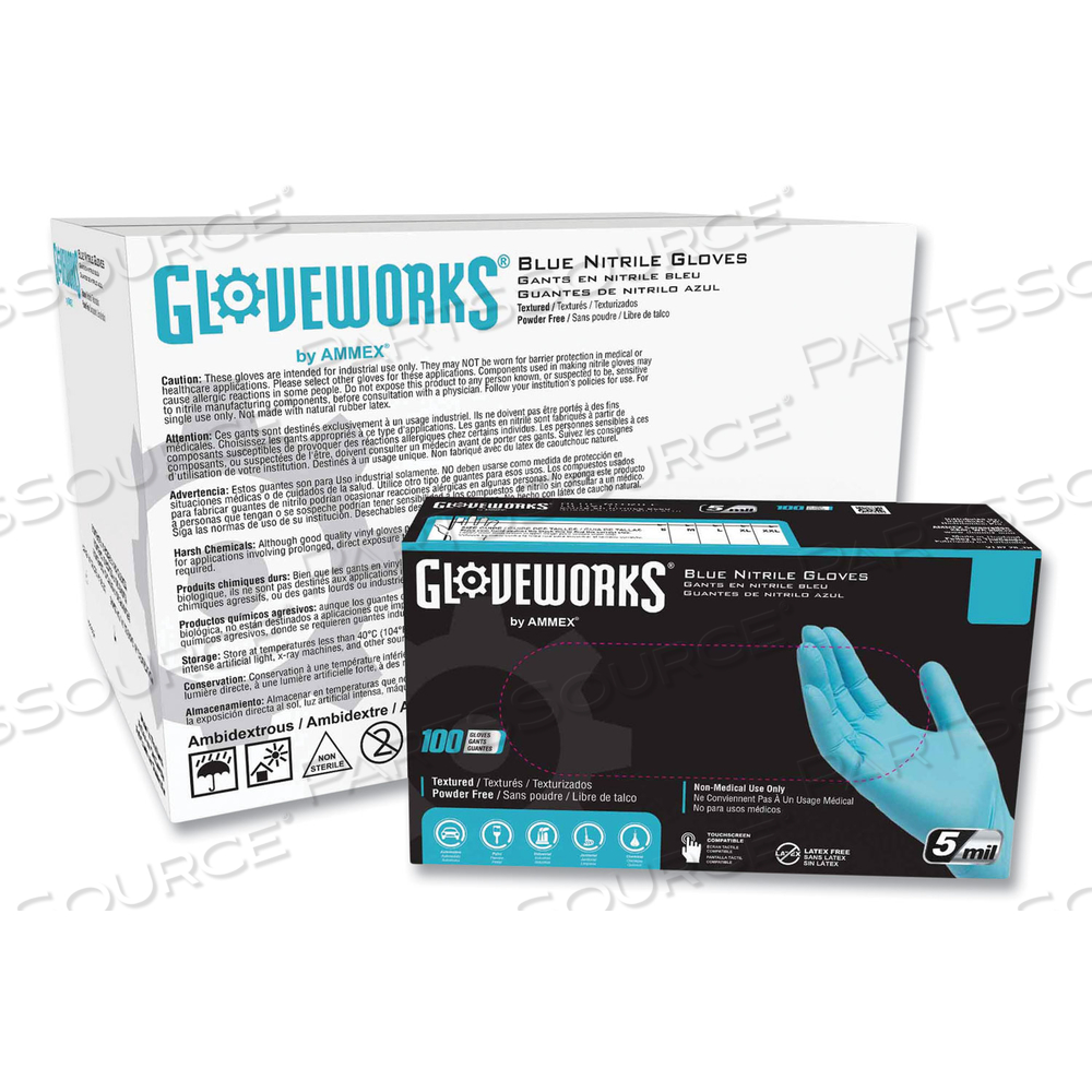 INDUSTRIAL NITRILE GLOVES, POWDER-FREE, 5 MIL, SMALL, BLUE, 100 GLOVES/BOX, 10 BOXES/CARTON 