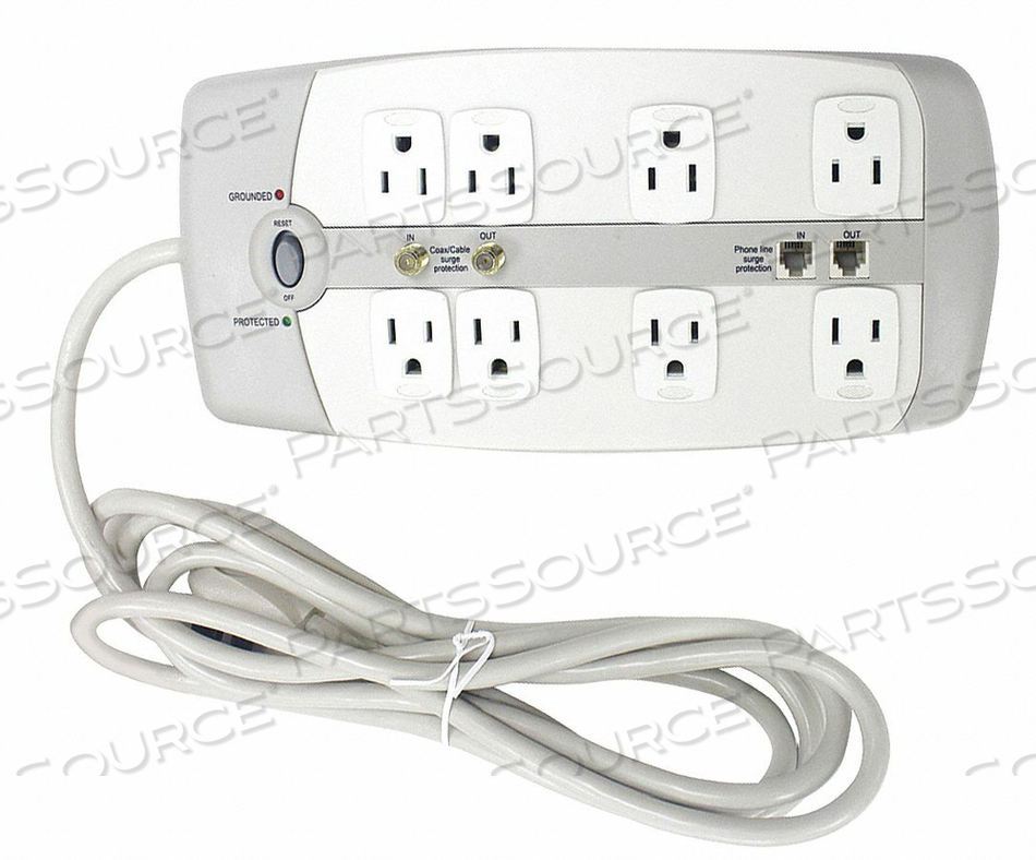 SURGE PROTECTOR OUTLET STRIP, 10 FT, 15 A, 125 VAC, 14 AWG, NEMA 5-15P TO NEMA 5-15R, WHITE by Power First SURGE PROTECTOR OUTLET STRIP, 10 FT, 15 A, 125 VAC, 14 AWG, NEMA 5-15P TO NEMA 5-15R, WHITE by Power First