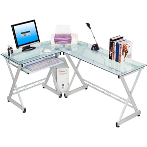 TECHNI MOBILI L-SHAPED TEMPERED GLASS TOP COMPUTER DESK WITH PULL OUT KEYBOARD TRAY, CLEAR by Rta Products LLC