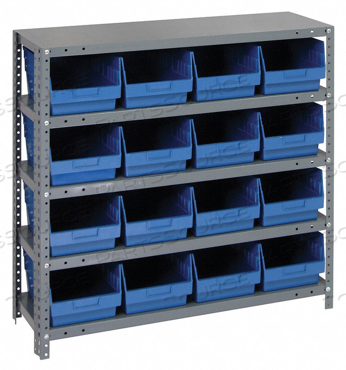 1839-208 STEEL SHELVING WITH 16 6"H SHELF BINS BLUE, 36X18X39-5 SHELVES by Quantum Storage Systems 1839-208 STEEL SHELVING WITH 16 6"H SHELF BINS BLUE, 36X18X39-5 SHELVES by Quantum Storage Systems