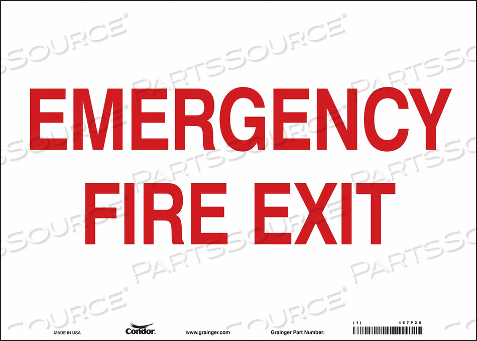 SAFETY SIGN EMERGENCY EXIT, HORIZONTAL RECTANGLE, NUMBER OF PRINTED SIDES 1, ENGLISH, SIGN FORMAT OTHER FORMAT, SIGN LEGEND EMERGENCY FIRE E by Condor