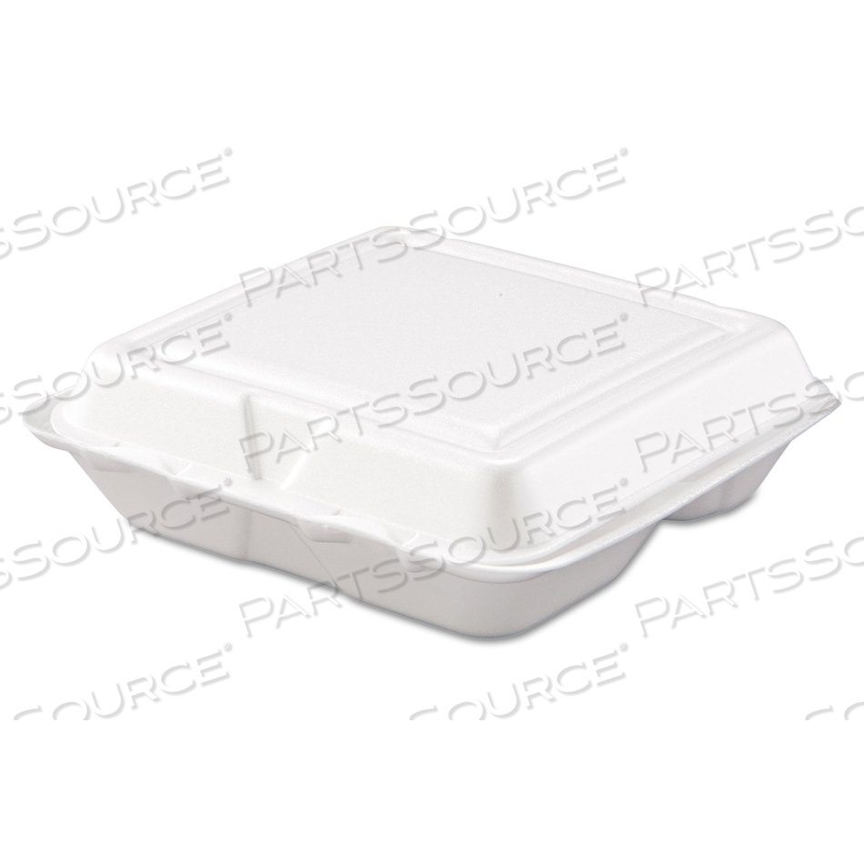FOAM HINGED LID CONTAINERS, 3-COMPARTMENT, 7.5 X 8 X 2.3, WHITE by Dart Container Corporation FOAM HINGED LID CONTAINERS, 3-COMPARTMENT, 7.5 X 8 X 2.3, WHITE by Dart Container Corporation