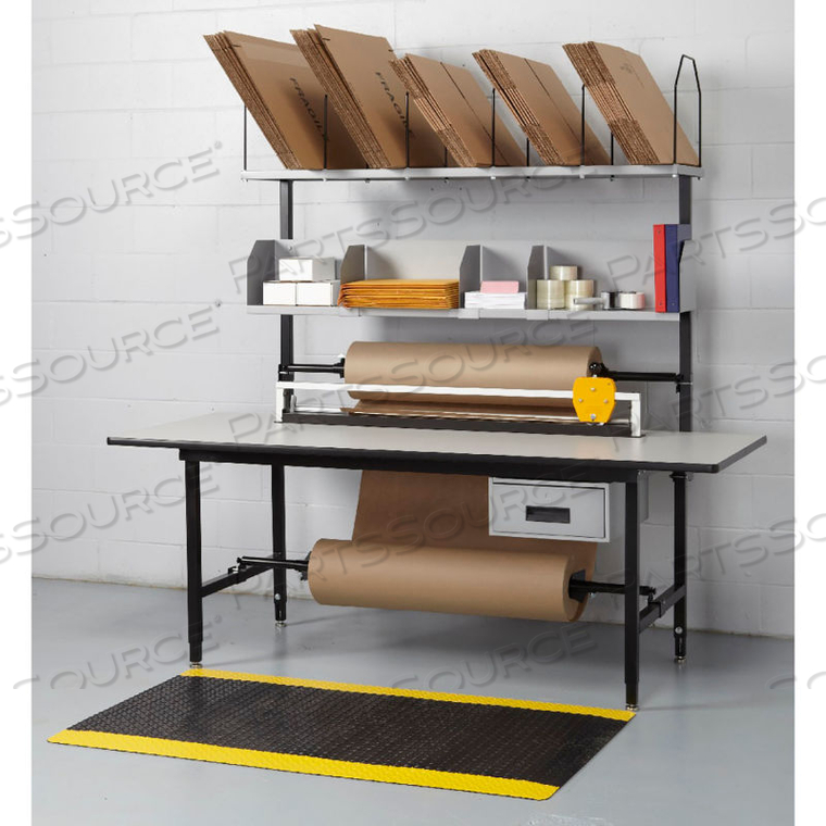 FULL FUNCTION PACKAGING BENCH, MAPLE BUTCHER BLOCK TOP, T-MOLD EDGE - 83 X 33 