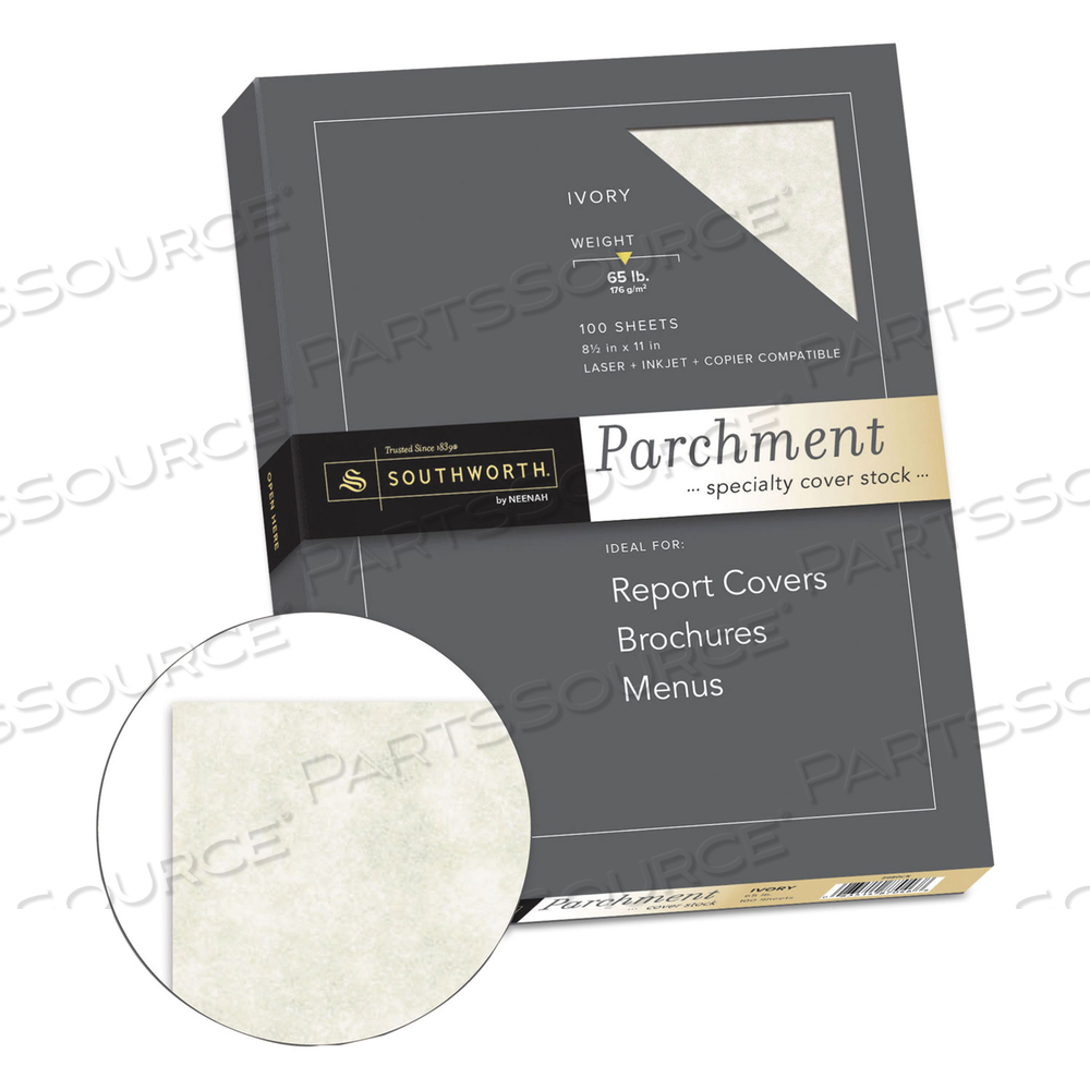 PARCHMENT SPECIALTY PAPER, 65 LB COVER WEIGHT, 8.5 X 11, IVORY by SOUTHWORTH PRODUCTS CORP PARCHMENT SPECIALTY PAPER, 65 LB COVER WEIGHT, 8.5 X 11, IVORY by SOUTHWORTH PRODUCTS CORP