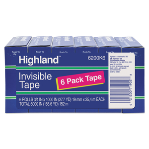 INVISIBLE PERMANENT MENDING TAPE, 1" CORE, 0.75" X 83.33 FT, CLEAR, 6/PACK by Highland