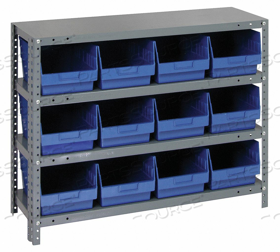 1239-SB807 STEEL SHELVING WITH 12 8"H PLASTIC SHELF BINS BLUE, 36X12X39-SB4 SHELVES by Quantum Storage Systems 1239-SB807 STEEL SHELVING WITH 12 8"H PLASTIC SHELF BINS BLUE, 36X12X39-SB4 SHELVES by Quantum Storage Systems