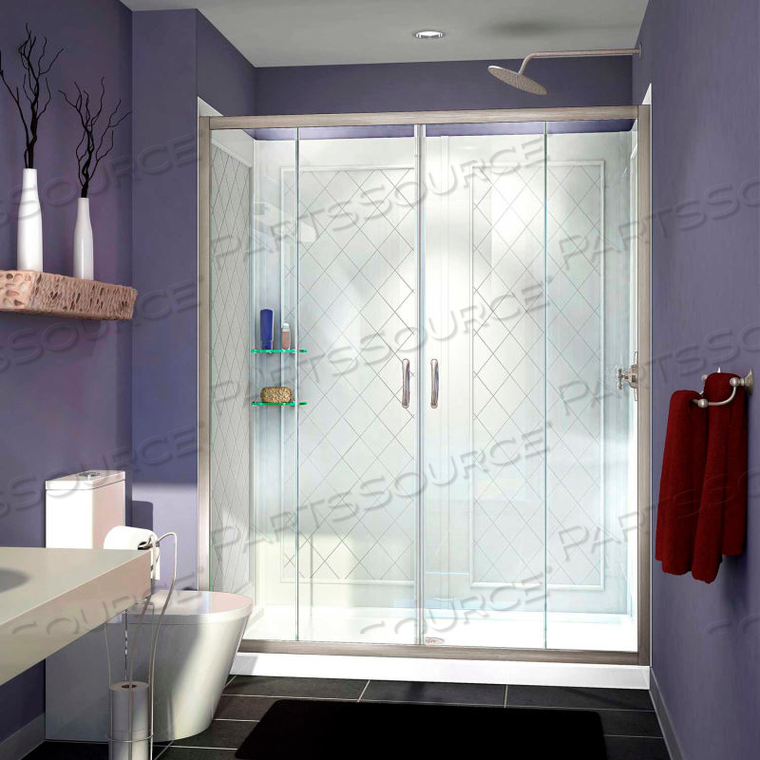 VISIONS SHOWER DOOR 34" X 60" SHOWER BASE CENTER DRAIN & QWALL-5 BACKWALLS 