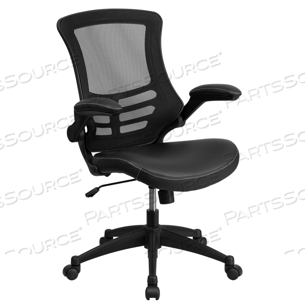 KELISTA DESK CHAIR WITH WHEELS | SWIVEL CHAIR WITH MID-BACK BLACK MESH AND LEATHERSOFT SEAT FOR HOME OFFICE AND DESK by Flash Furniture