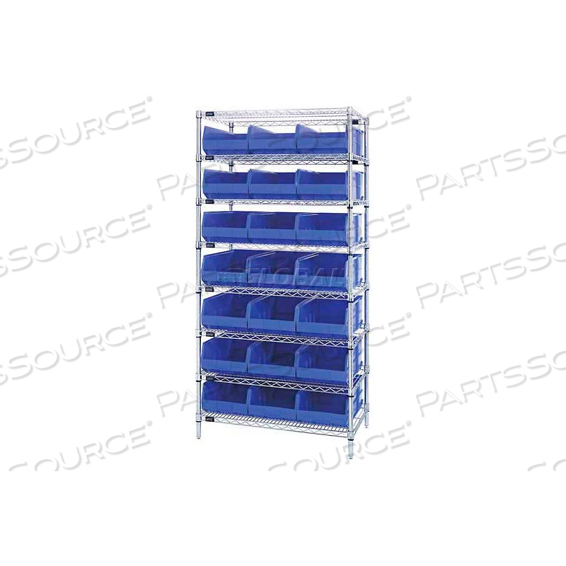 WR8-465 CHROME WIRE SHELVING WITH 21 SSB465 STACKABLE SHELF BINS BLUE, 36X18X74 by Quantum Storage Systems WR8-465 CHROME WIRE SHELVING WITH 21 SSB465 STACKABLE SHELF BINS BLUE, 36X18X74 by Quantum Storage Systems