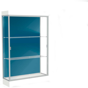 EDGE LIGHTED FLOOR CASE, BLUE STEEL BACK, SATIN FRAME, 6" FROSTY WHITE BASE, 48"W X 76"H X 20"D by Waddell Display
