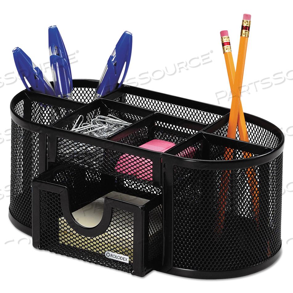 MESH OVAL PENCIL CUP ORGANIZER, 4 COMPARTMENTS, STEEL, 9.38 X 4.5 X 4, BLACK 